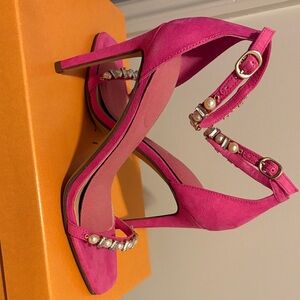 Unisa Fuchsia Heeled Sandals with Pearl Accents